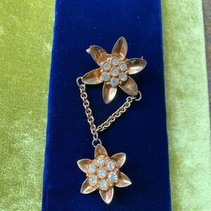Antique Gilded Floral Double Brooch with Clear Rhinestone Accents